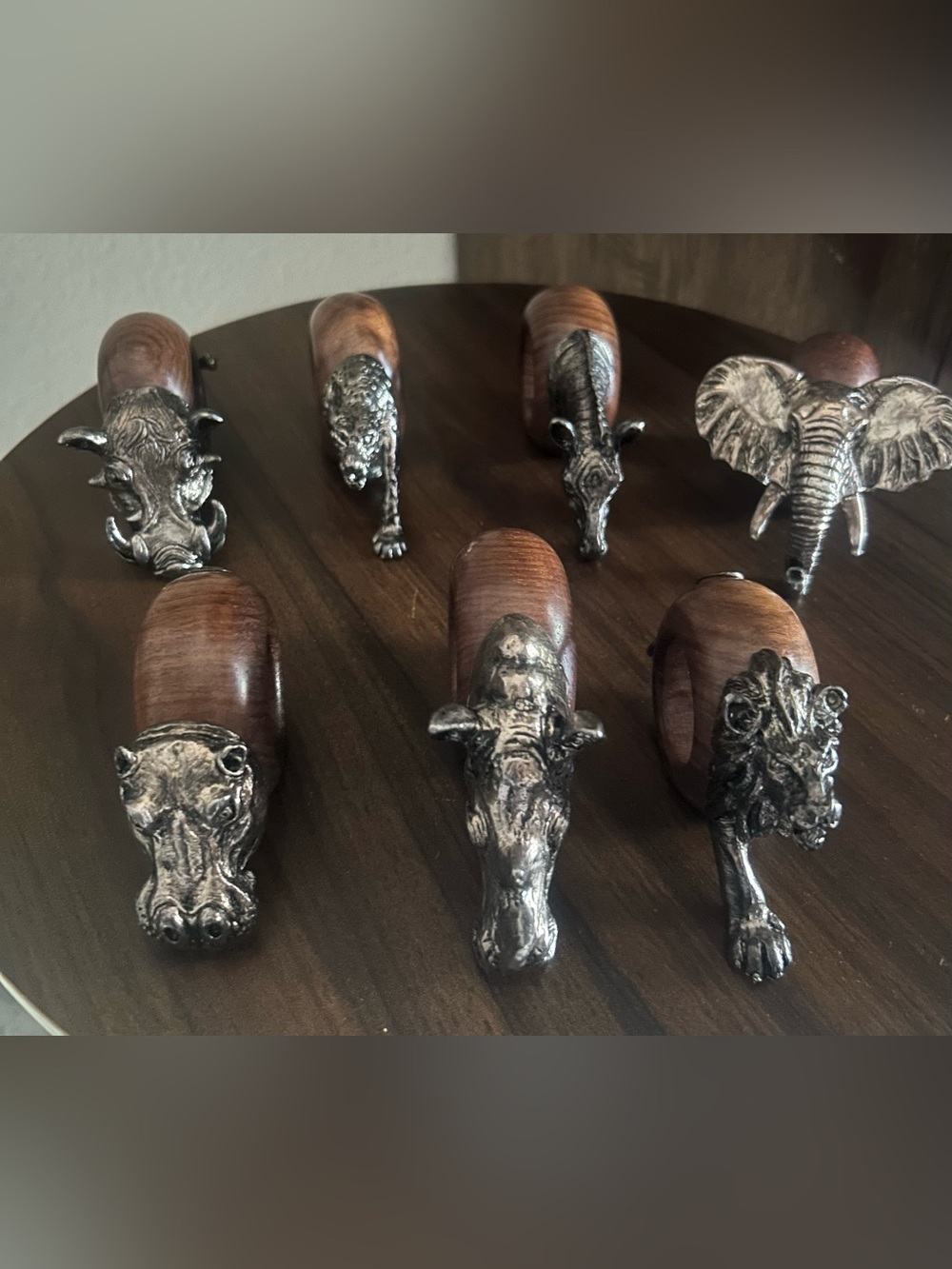 Vintage jungle safari pewter and wood napkin rings!